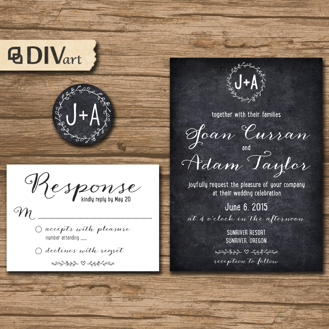 PRINTABLE DIY Wedding Invitation Suite, Response Card, Initial – rustic, countrry, blackboard, chalkboard or any color – Joan