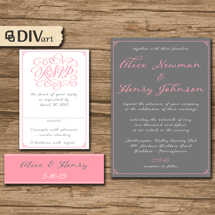 PRINTABLE DIY Wedding Invitation Suite, Response Card, Bellyband – elegant calligraphy, gray and pink or any color – Alice