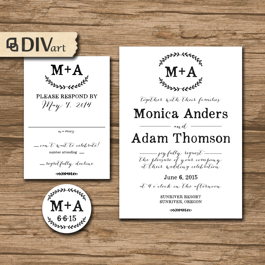 PRINTABLE DIY Wedding Invitation Suite, Response Card, Initial – clasic, typography – black or any color – Monica