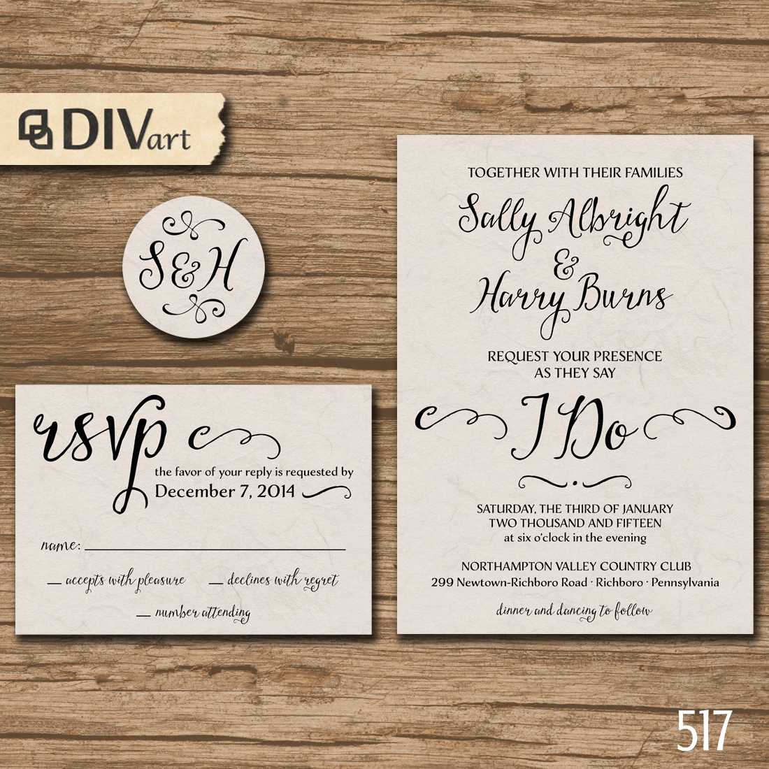 PRINTABLE DIY Wedding Invitation Suite, Response Card, Initial – rustic, light kraft paper texture or any color – Sally