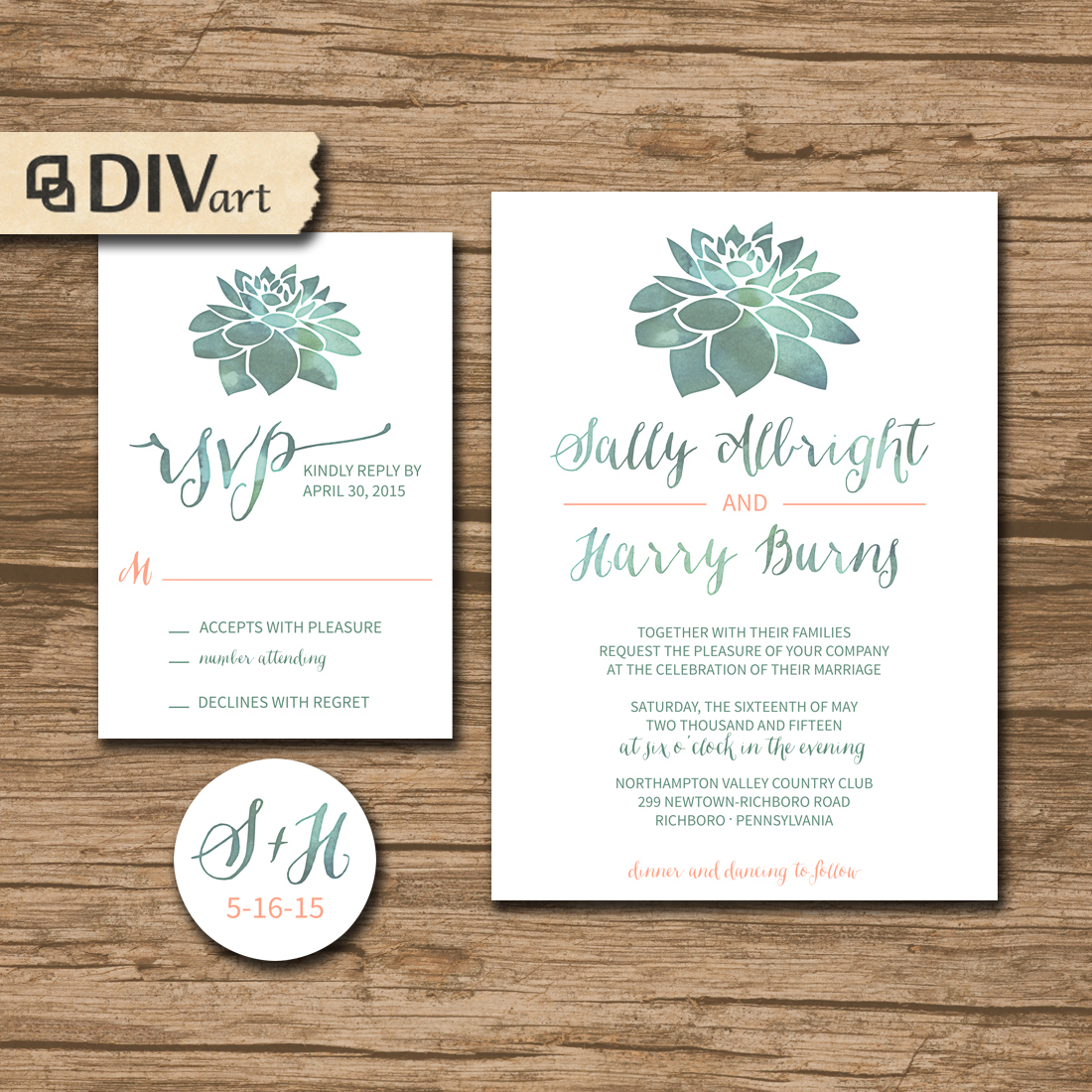 PRINTABLE DIY Wedding Invitation Suite, Response Card, Initial – garden wedding, watercolor succulent, green and coral or any colors – Sonja